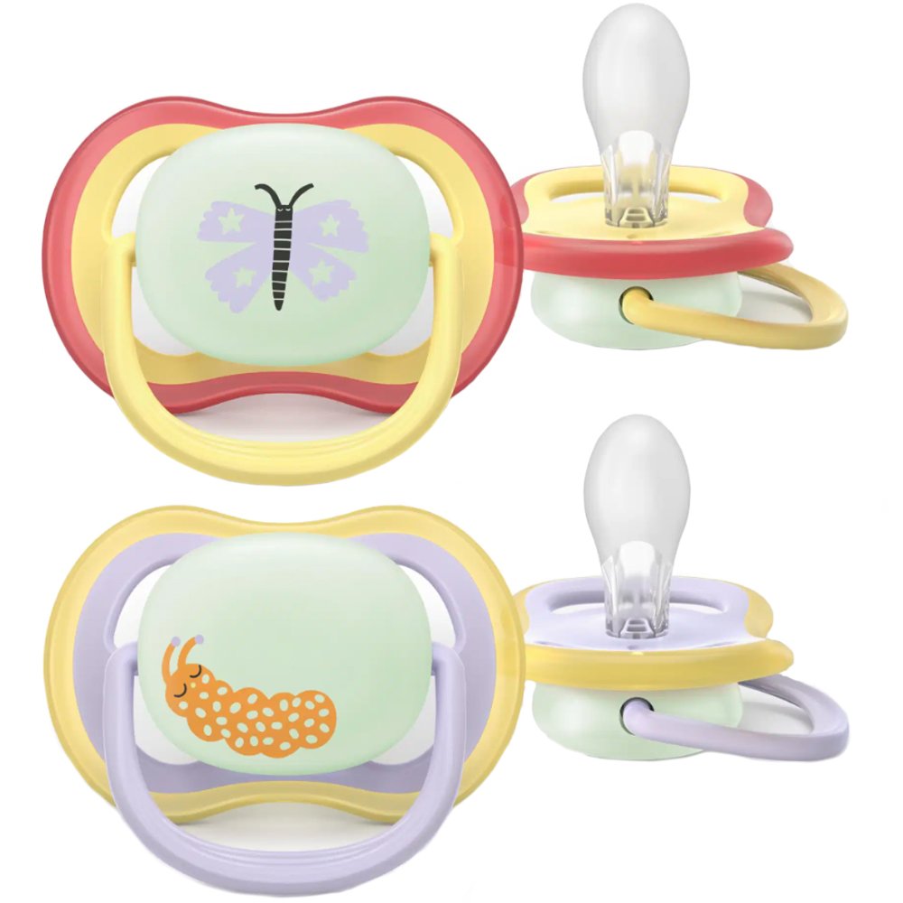 Philips Avent Ultra Air Nighttime Silicone Soother 0-6m Κωδ SCF376/25, Ορθοδοντική Πιπίλα Σιλικόνης που Λάμπει στο Σκοτάδι 2 Τεμάχια Κίτρινο - Ανοιχτό / Λιλά