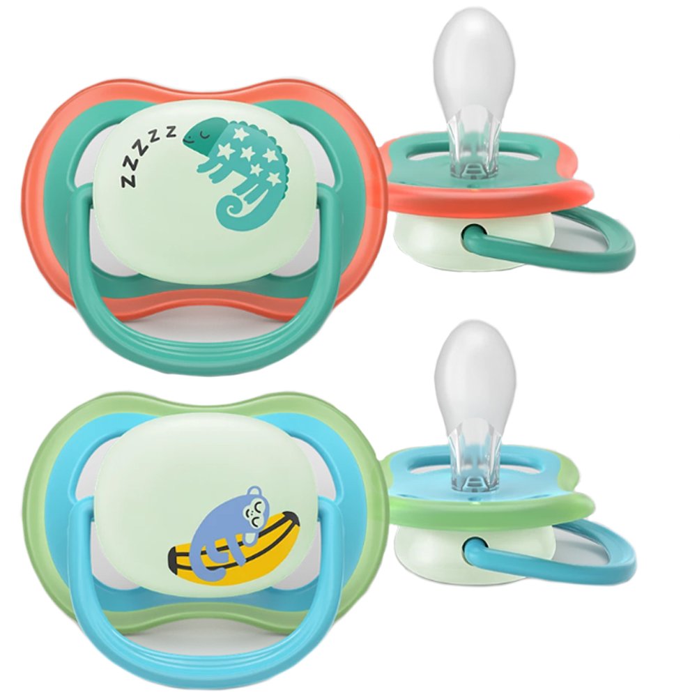 Philips Avent Ultra Air Nighttime Silicone Soother 6-18m Κωδ SCF376/28 Ορθοδοντική Πιπίλα Σιλικόνης που Λάμπει στο Σκοτάδι,  2 Τεμάχια Πράσινο - Γαλάζιο