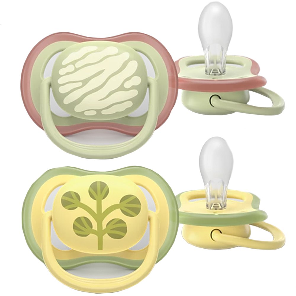 Philips Avent Ultra Colors of Nature Silicone Soother Ultra Soft 18m+ Κωδ SCF349/51 Ορθοδοντική Πιπίλα Σιλικόνης με Μεγάλες Οπές για να Αναπνέει το Δέρμα του Μωρού, 2 Τεμάχια - Πράσινο / Κίτρινο