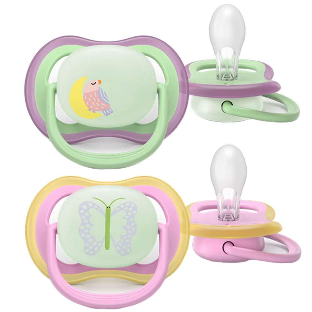 Philips Avent Ultra Air Nighttime Silicone Soother 6-18m Κωδ SCF376/29 Ορθοδοντική Πιπίλα Σιλικόνης που Λάμπει στο Σκοτάδι, 2 Τεμάχια Λαχανί - Ροζ