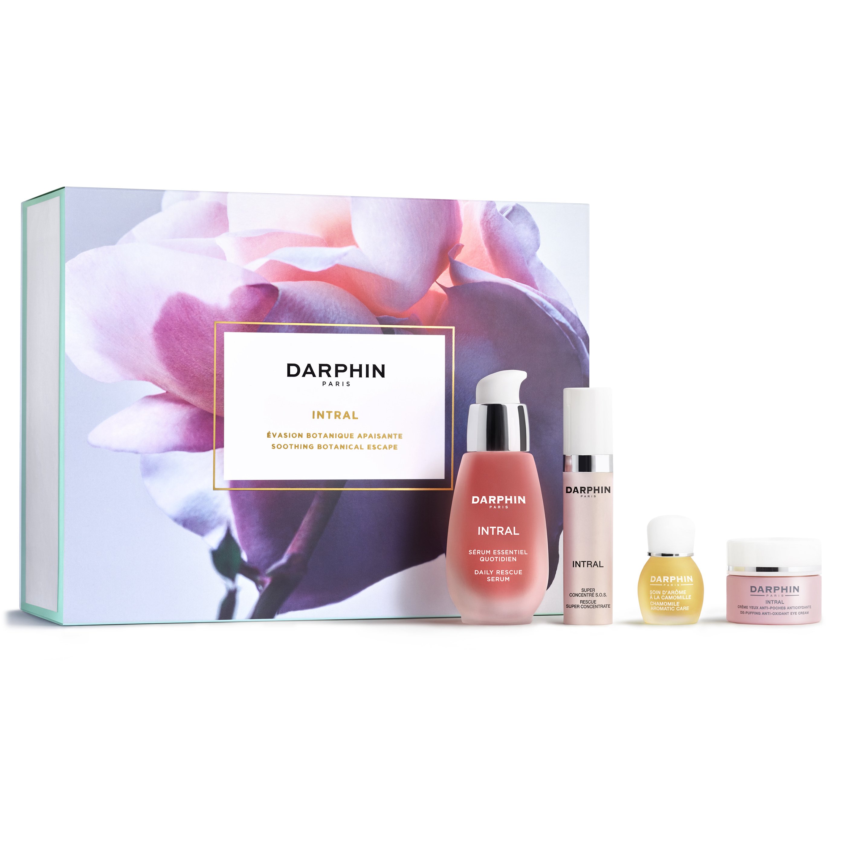 Darphin Intral Shoothing Botanical Escape Rescue Serum 30ml, Rescue Concentrate 7ml, De-Puffing Eye Cream 5ml,Chamomile Oil 4ml