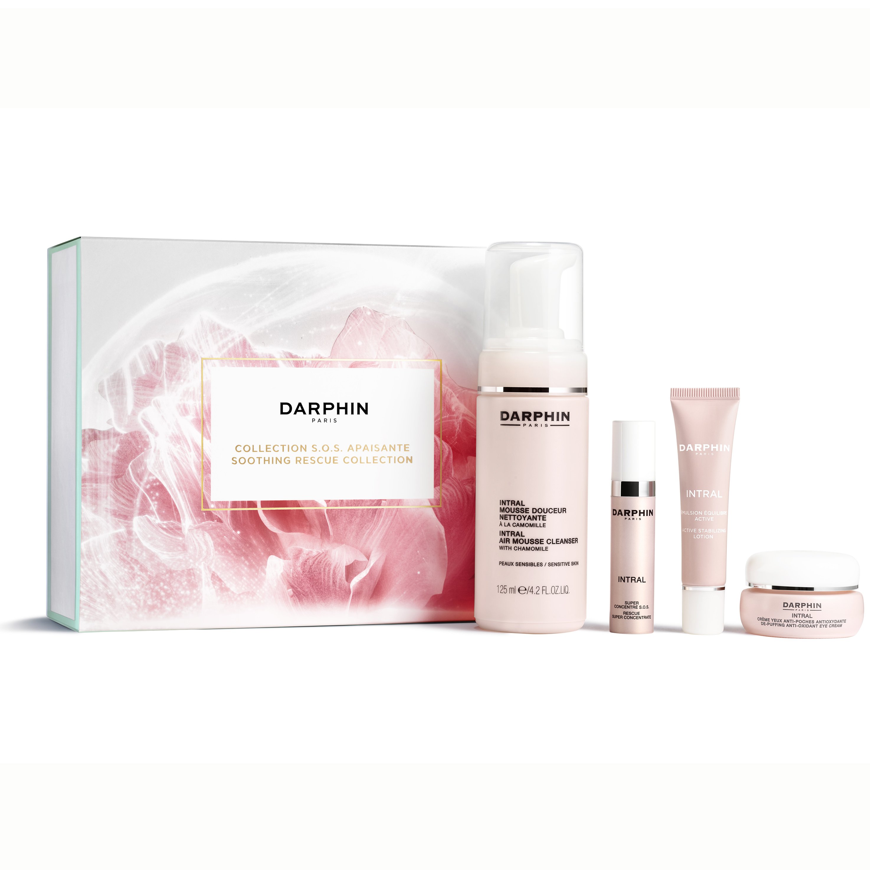 Darphin Intral Promo Soothing Rescue Collection Cleansing Mousse 125ml, Super Concentrate S.O.S. 7ml, Stabilizing Lotion 15ml & Eye Cream 15ml