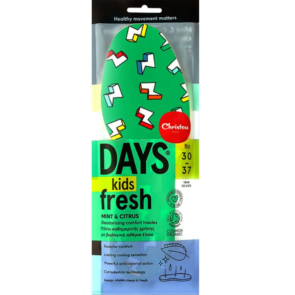 Christou 1910 Christou Thunderbolts Days Kids Fresh Deodorishing Comfort Insoles Πράσινοι Παιδικοί Αποσμητικοί, Αντιμικροβιακοί Πάτοι με Βιολογικά Αιθέρια Έλαια Μέντας & Κίτρου 1 Ζευγάρι, Κωδ CH-065 - No 30 / 37