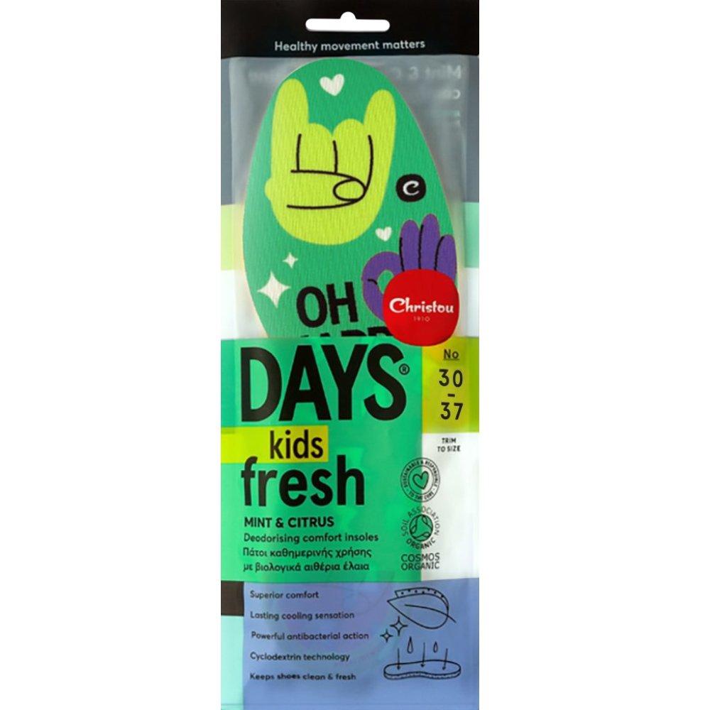 Christou 1910 Christou Oh Happy Days Kids Fresh Deodorishing Comfort Insoles Πράσινοι Παιδικοί Αποσμητικοί, Αντιμικροβιακοί Πάτοι με Βιολογικά Αιθέρια Έλαια Μέντας & Κίτρου 1 Ζευγάρι, Κωδ CH-077 - No 30 / 37