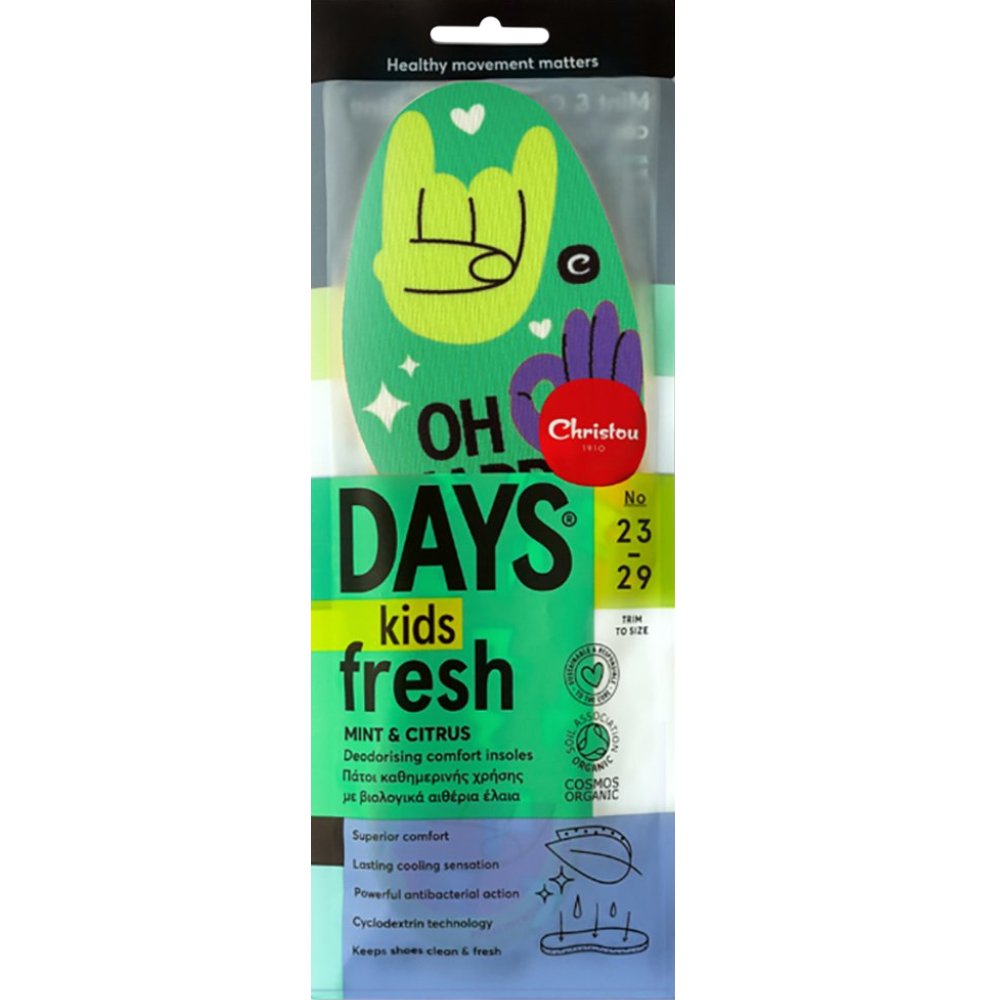 Christou 1910 Christou Oh Happy Days Kids Fresh Deodorishing Comfort Insoles Πράσινοι Παιδικοί Αποσμητικοί, Αντιμικροβιακοί Πάτοι με Βιολογικά Αιθέρια Έλαια Μέντας & Κίτρου 1 Ζευγάρι, Κωδ CH-076 - No 23 / 29