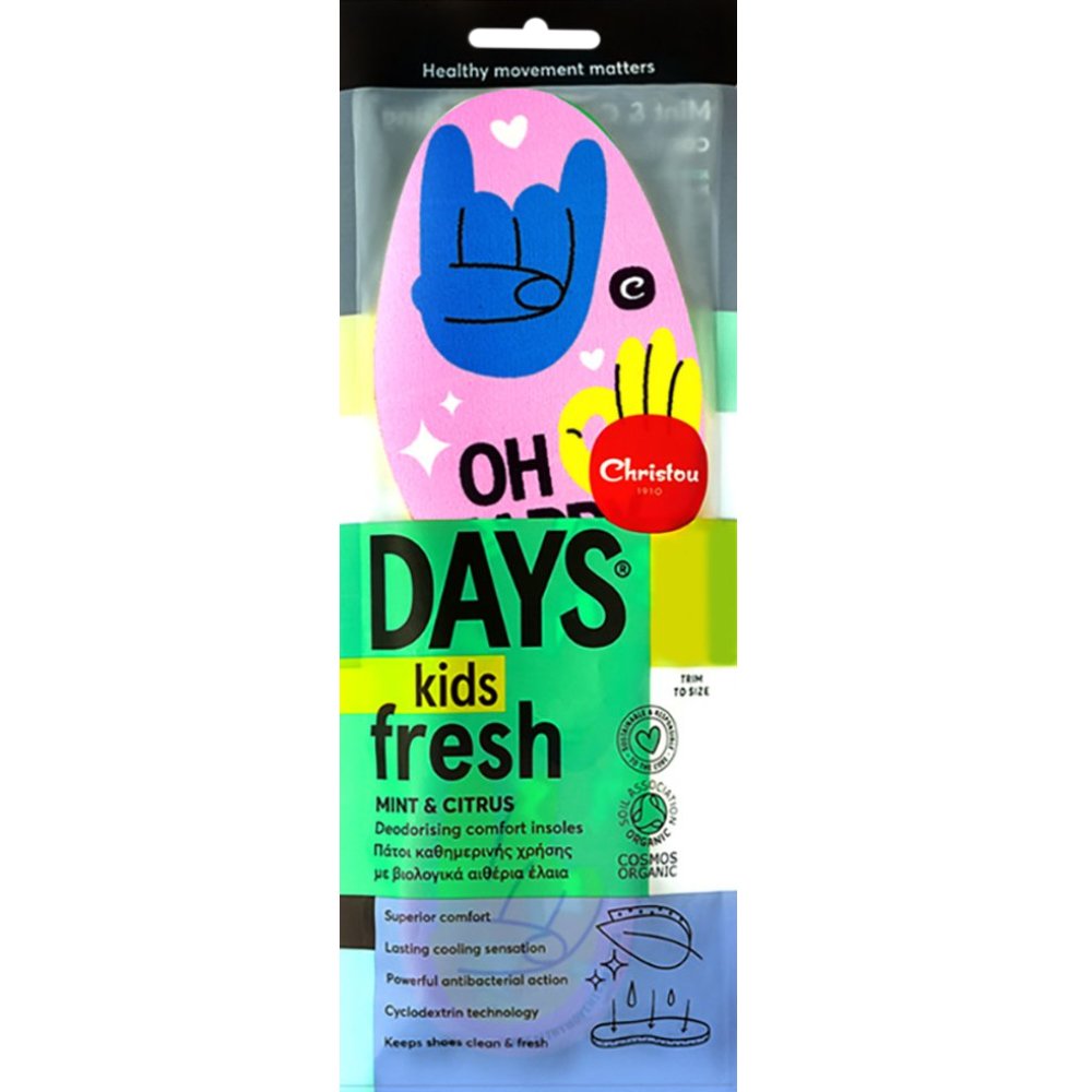 Christou 1910 Christou Oh Happy Days Kids Fresh Deodorishing Comfort Insoles Ροζ Παιδικοί Αποσμητικοί, Αντιμικροβιακοί Πάτοι με Βιολογικά Αιθέρια Έλαια Μέντας & Κίτρου 1 Ζευγάρι, Κωδ CH-071 - No 30 / 37