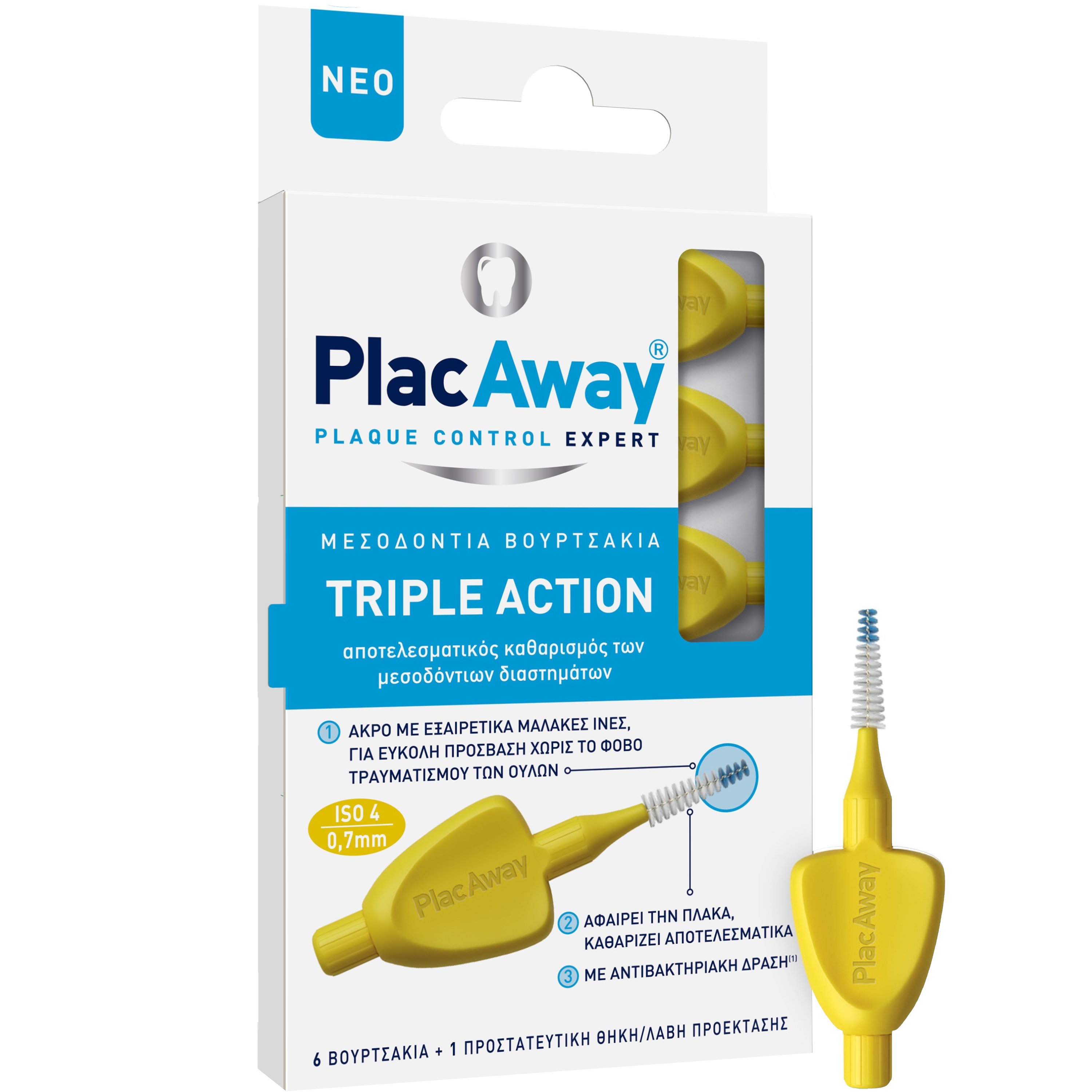 Plac Away Plac Away Triple Action Iterdental Brushes Extra Soft Βουρτσάκια με Πολύ Απαλές Ίνες για Καθαρισμό των Μεσοδόντιων Διαστημάτων & των Ορθοδοντικών Μηχανισμών με Προστατευτική Θήκη - Λαβή 6 Τεμάχια - ISO 4 / 0.7mm