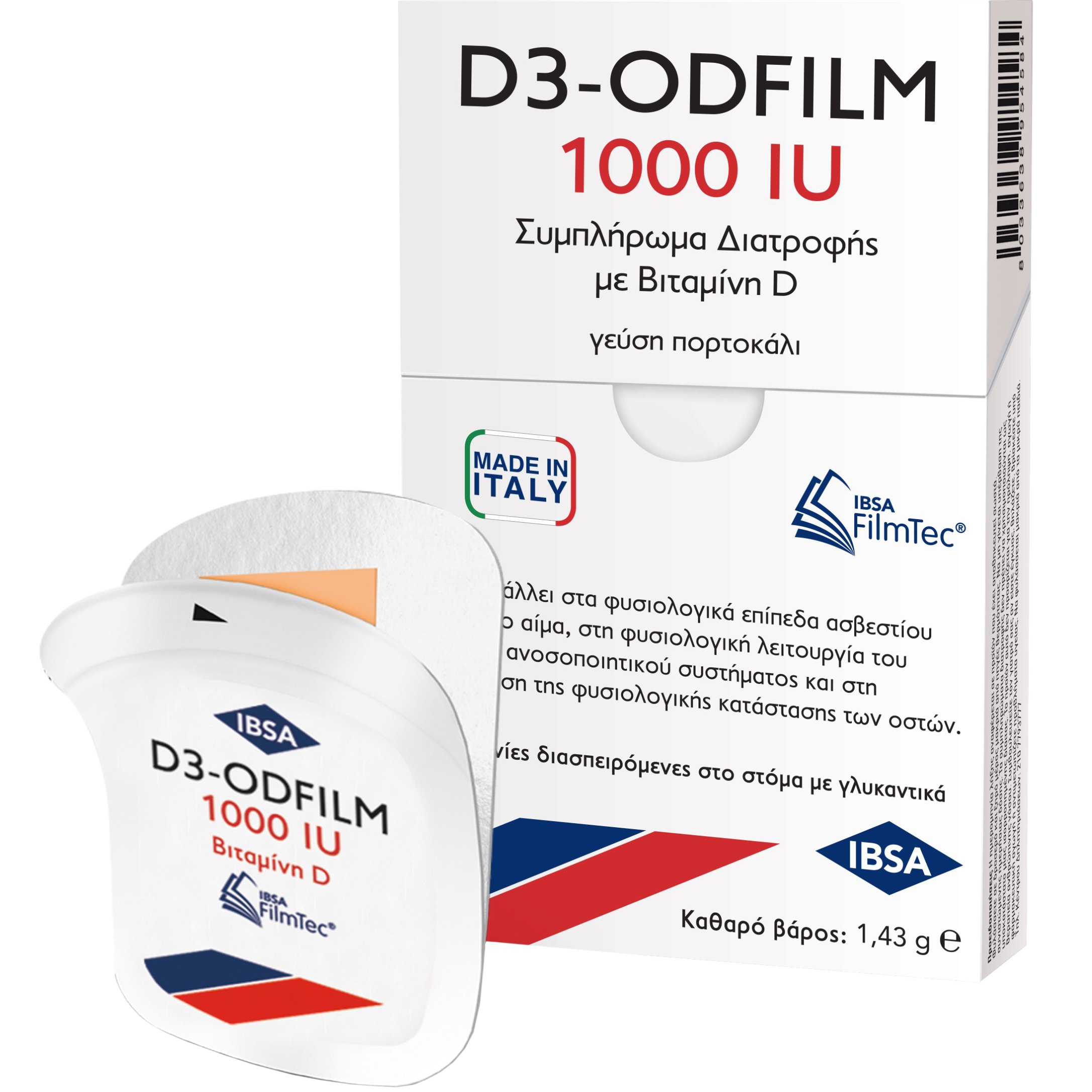 IBSA D3-Odfilm 1000iu Συμπλήρωμα Διατροφής με Βιταμίνη D3 για την Καλή λειτουργία των Οστών & του Ανοσοποιητικού, με Γεύση Πορτοκάλι 30 Διασπειρόμενες στο Στόμα Ταινίες