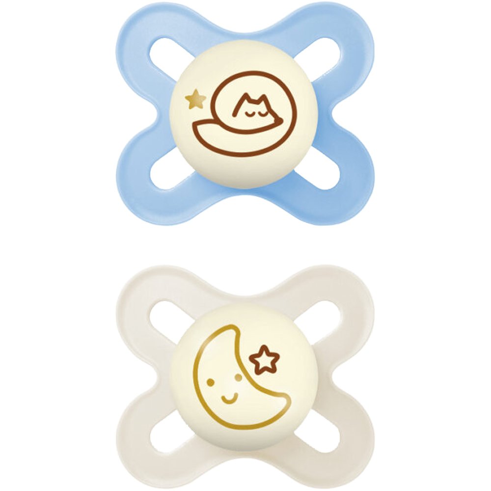 Mam Original Start Night Silicone Soother 0-2m, Κωδ 124SBc Πολύ Μικρή Πιπίλα Σιλικόνης που Λάμπει στο Σκοτάδι 2 Τεμάχια - Γαλάζιο / Κρεμ