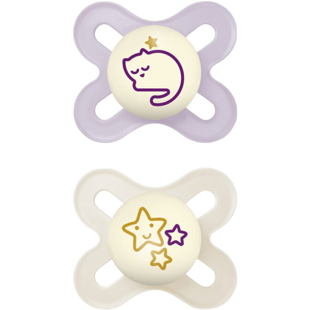 Mam Original Start Night Silicone Soother 0-2m, Κωδ 124SGc Πολύ Μικρή Πιπίλα Σιλικόνης που Λάμπει στο Σκοτάδι 2 Τεμάχια - Λιλά / Κρεμ