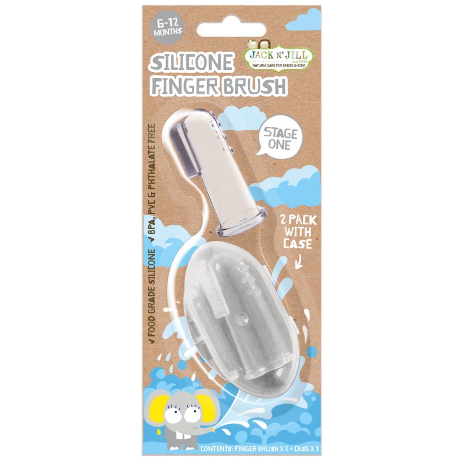 Jack n' Jill Stage 1 Silicone Finger Brush 6-12m Βρεφική Οδοντόβουρτσα Σιλικόνης Δαχτύλου από 6 έως 12 Μηνών Σετ 2 Τεμαχίων & Θήκη