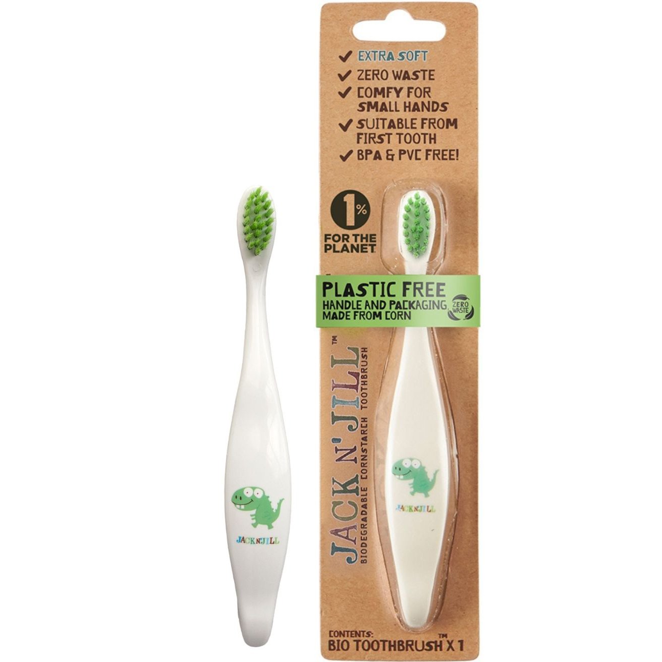 Jack n' Jill Biodegradable Kids Toothbrush Extra Soft Βρεφική Οδοντόβουρτσα από Άμυλο Καλαμποκιού Κατάλληλη από την Πρώτη Οδοντοφυΐα, με Σχέδιο Δεινόσαυρος 1 Τεμάχιο