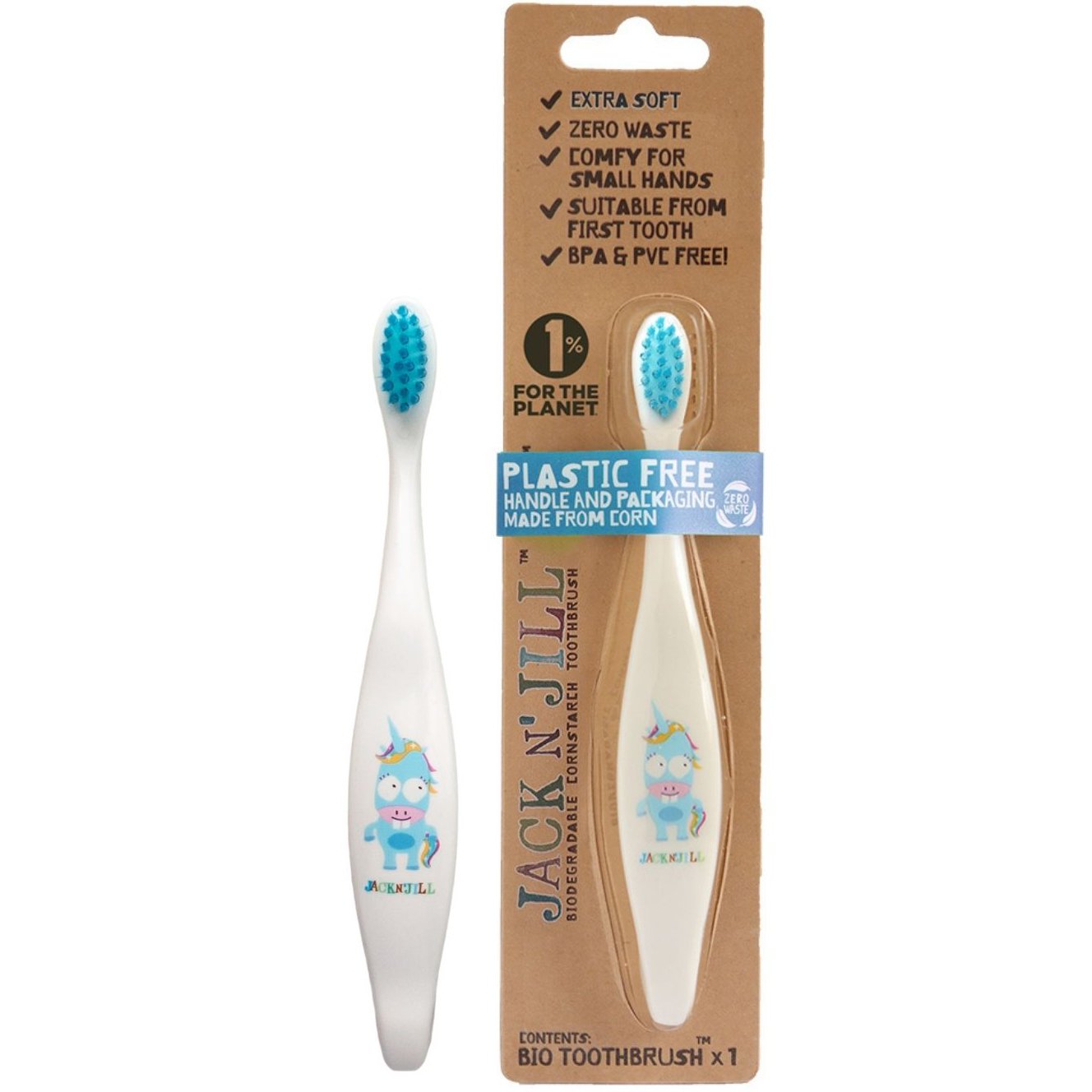 Jack n' Jill Biodegradable Kids Toothbrush Extra Soft Βρεφική Οδοντόβουρτσα από Άμυλο Καλαμποκιού Κατάλληλη από την Πρώτη Οδοντοφυΐα, με Σχέδιο Μονόκερος 1 Τεμάχιο
