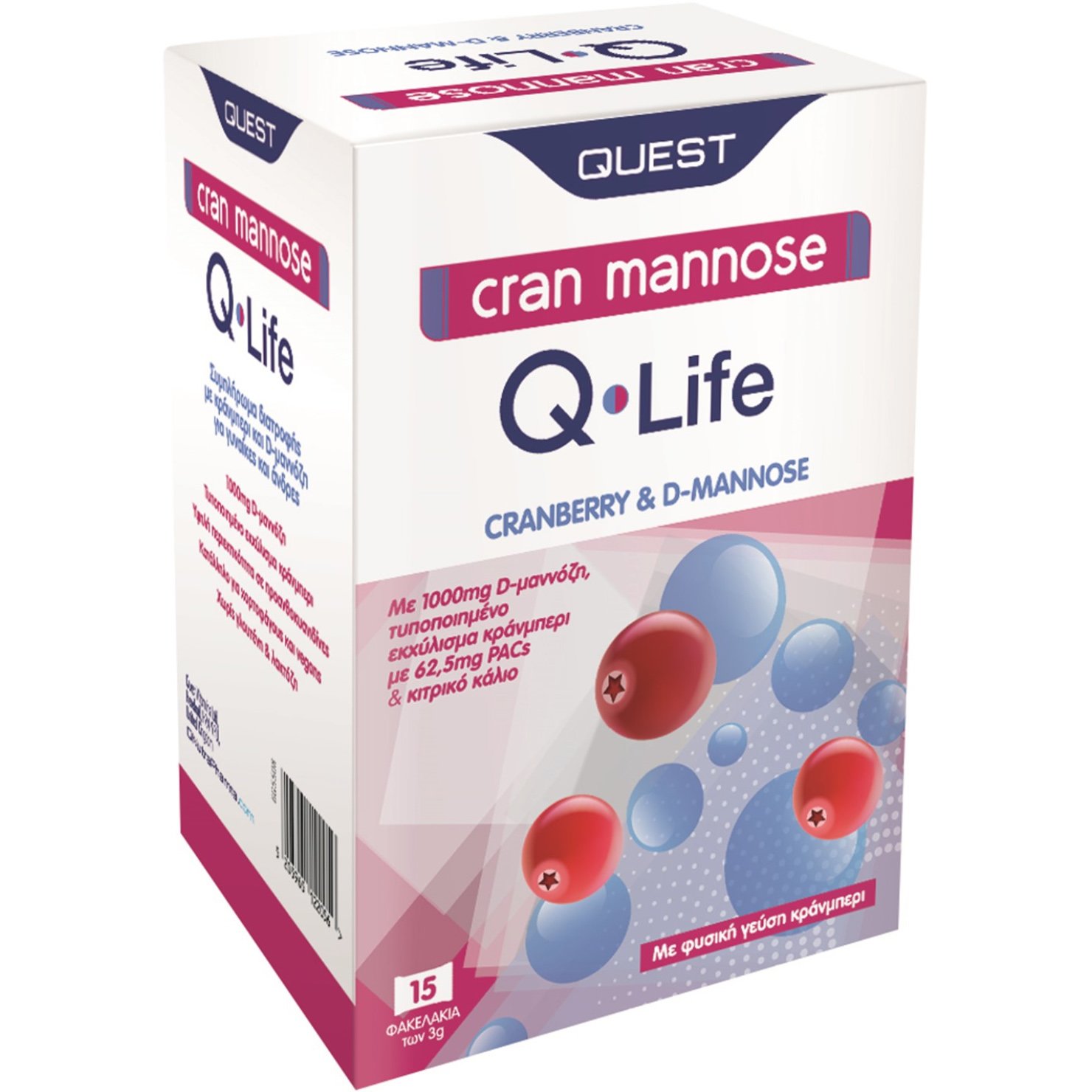 Quest Cran Mannose Q-Life Συμπλήρωμα Διατροφής με Κράνμπερι & D-Μαννόζη για Πρόληψη - Αντιμετώπιση των Λοιμώξεων του Ουροποιητικού Συστήματος με Γεύση Κράνμπερι 15 Sachets