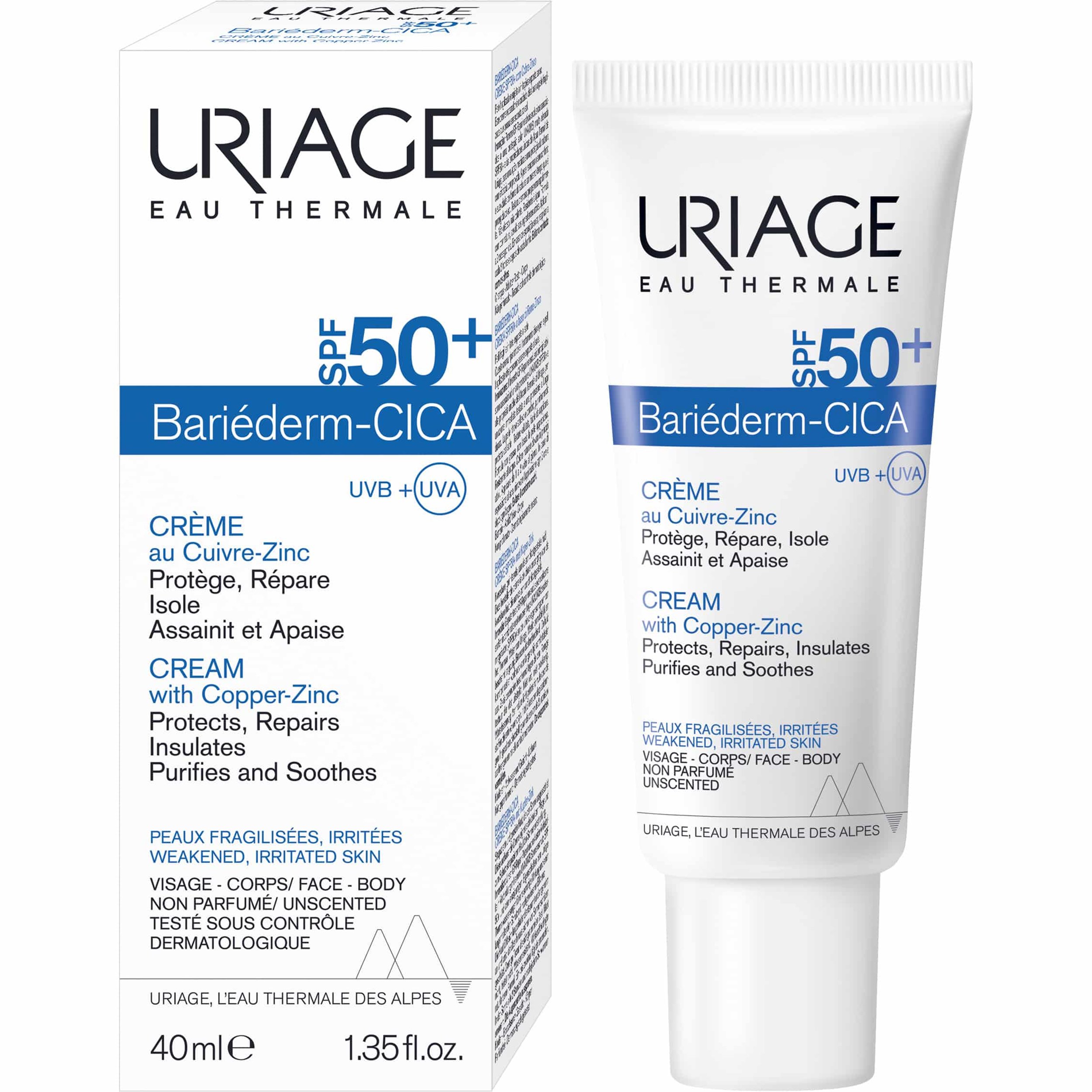 Uriage Uriage Bariederm Cica Cream with Copper - Zinc Spf50+ Προστατευτική, Αναπλαστική Κρέμα Προσώπου - Σώματος με Πολύ Υψηλή Αντηλιακή Προστασία, Κατάλληλη για Ερεθισμένες & Αδύναμες Επιδερμίδες 40ml