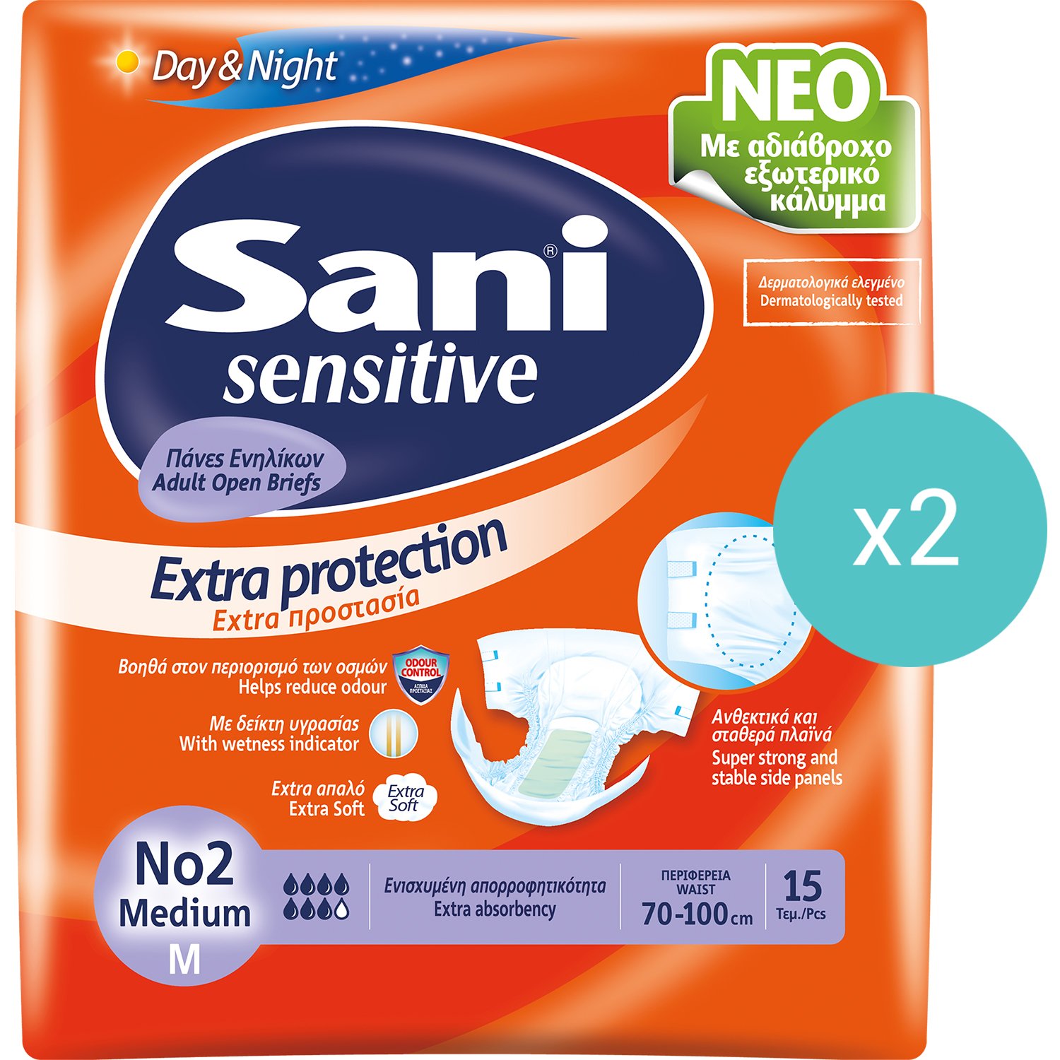 Sani Σετ Sani Sensitive Extra Protection Day & Night No2 Medium 70-100cm Πάνες Ενηλίκων για Βαριά Μορφή Ακράτειας 30 Τεμάχια (2x15 Τεμάχια)