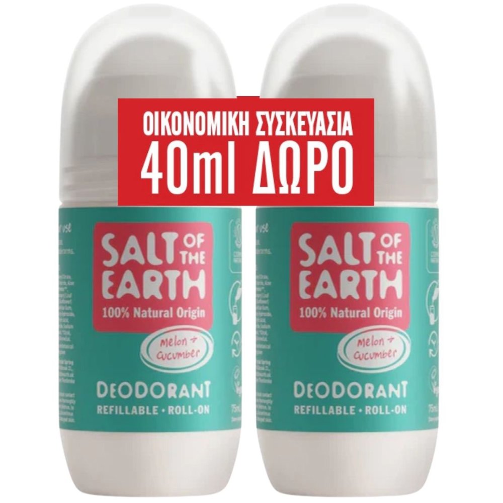 Salt of the Earth Salt of the Earth Promo Melon & Cucumber Roll-On Deodorant Αποσμητικό Roll-On Φυσικής Προέλευσης με Άρωμα Αγγουριού & Πεπονιού 150ml (2x75ml)