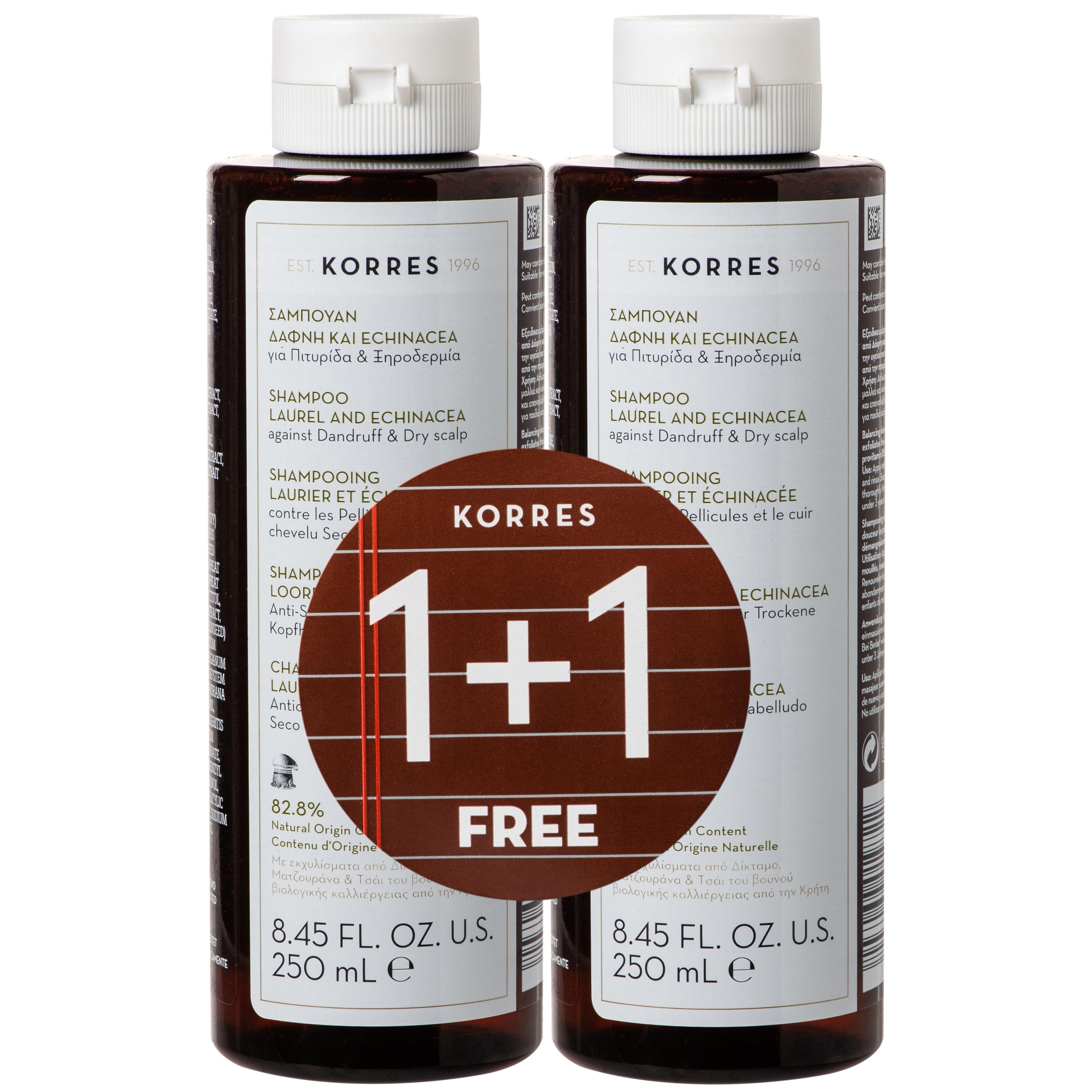 Korres Σαμπουάν με Δάφνη Και Echinacea Κατά της Πιτυρίδας & της Ξηροδερμίας 1+1 Δώρο 2x250ml