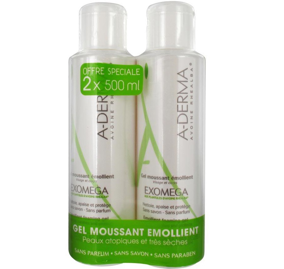 A-Derma Πακέτο Προσφοράς Exomega Moussant Emollient Foaming Gel Καθαρισμός για Ατοπικά & Πολύ Ξηρά Δέρματα 2x500ml