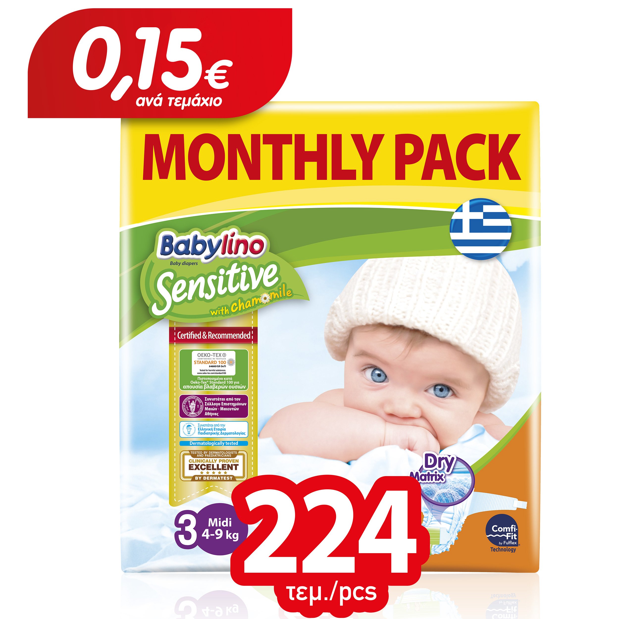 Babylino Sensitive Monthly Pack Midi Νο3 (4-9kg) Βρεφικές Πάνες 224 τεμάχια