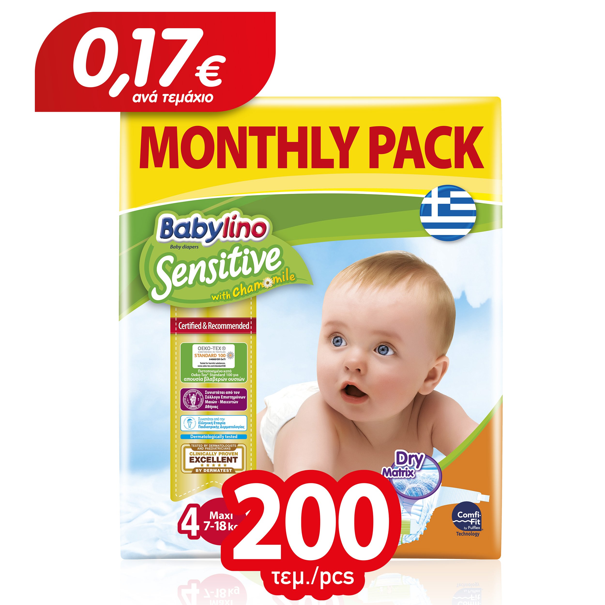 Babylino Sensitive Monthly Pack Maxi Νο4 (7-18kg) Βρεφικές Πάνες 200 τεμάχια