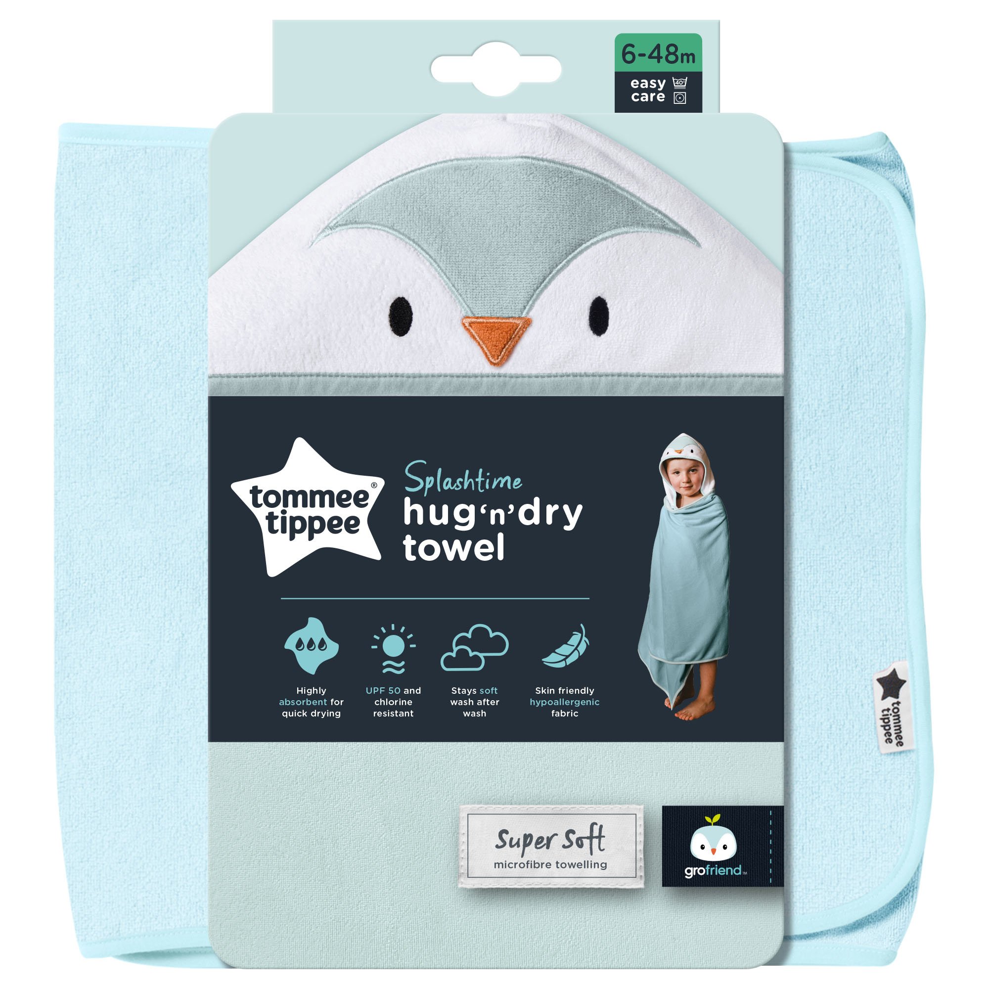Tommee Tippee Tommee Tippee Splashtime Hug n Dry Towel Κωδ CBA1017 Πετσέτα Μπάνιου με Σχέδιο & Κουκούλα, που Στεγνώνει Γρήγορα 6-48m 1 Τεμάχιο - Percy the Penguin
