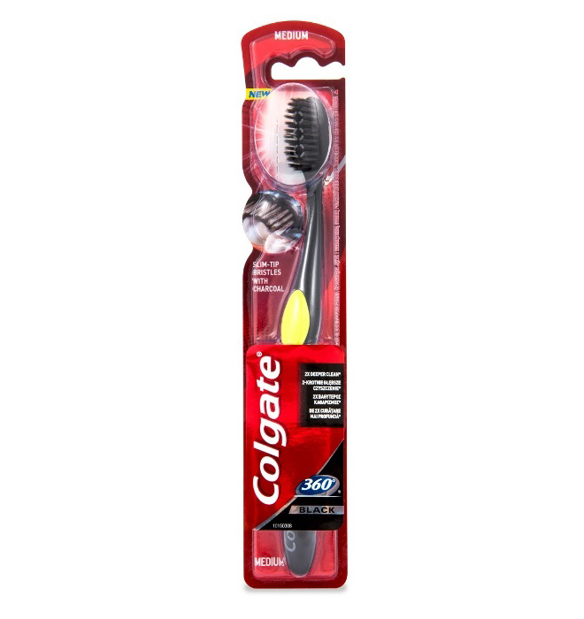 Colgate 360 Black Medium Οδοντόβουρτσα Μέτρια με Κωνικές Άκρες που Φτάνουν Βαθιά Ανάμεσα στα Δόντια 1 Τεμάχιο