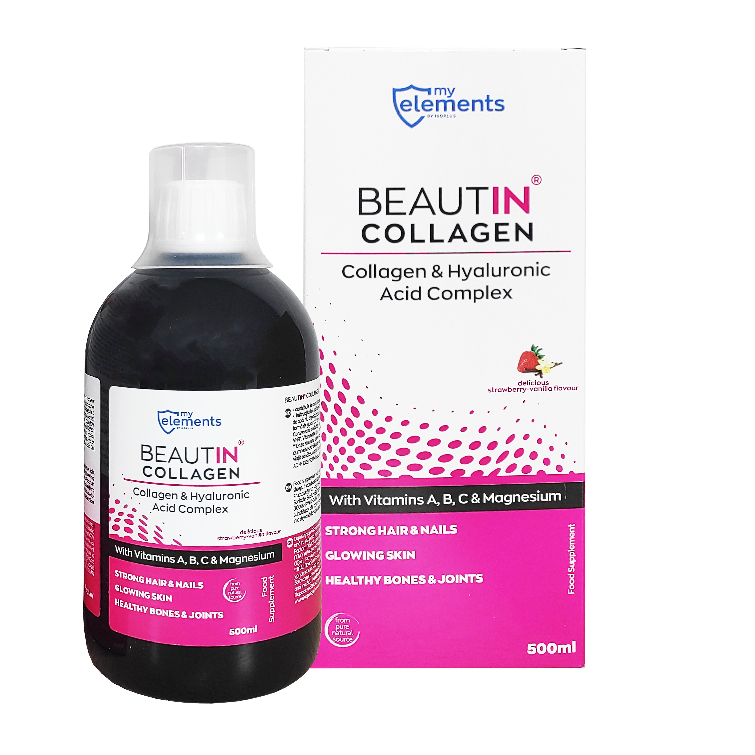 My Elements Beautin Collagen Υδρολυμένο Πόσιμο Κολλαγόνο με Υαλουρονικό Οξύ και Βιταμίνες A,B,C με Γεύση Φράουλα – Βανίλια 500ml