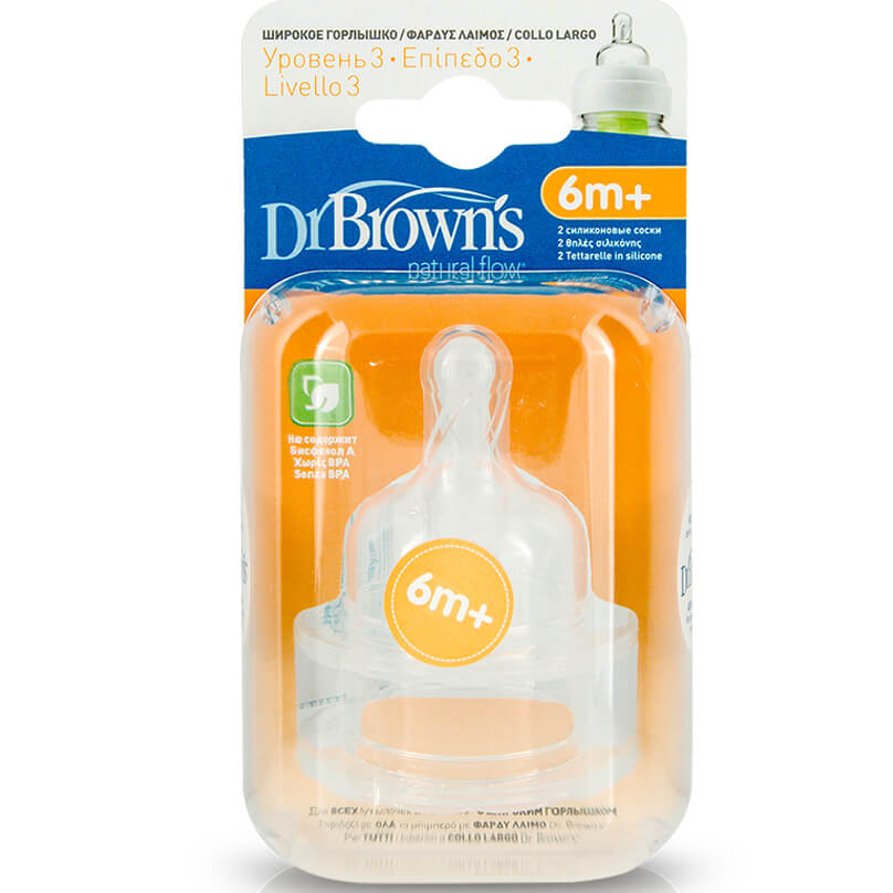 Dr. Browns Natural Flow Θηλή Σιλικόνης με Φαρδύ Λαιμό Επίπεδο 3, 2 Τεμάχια (382)