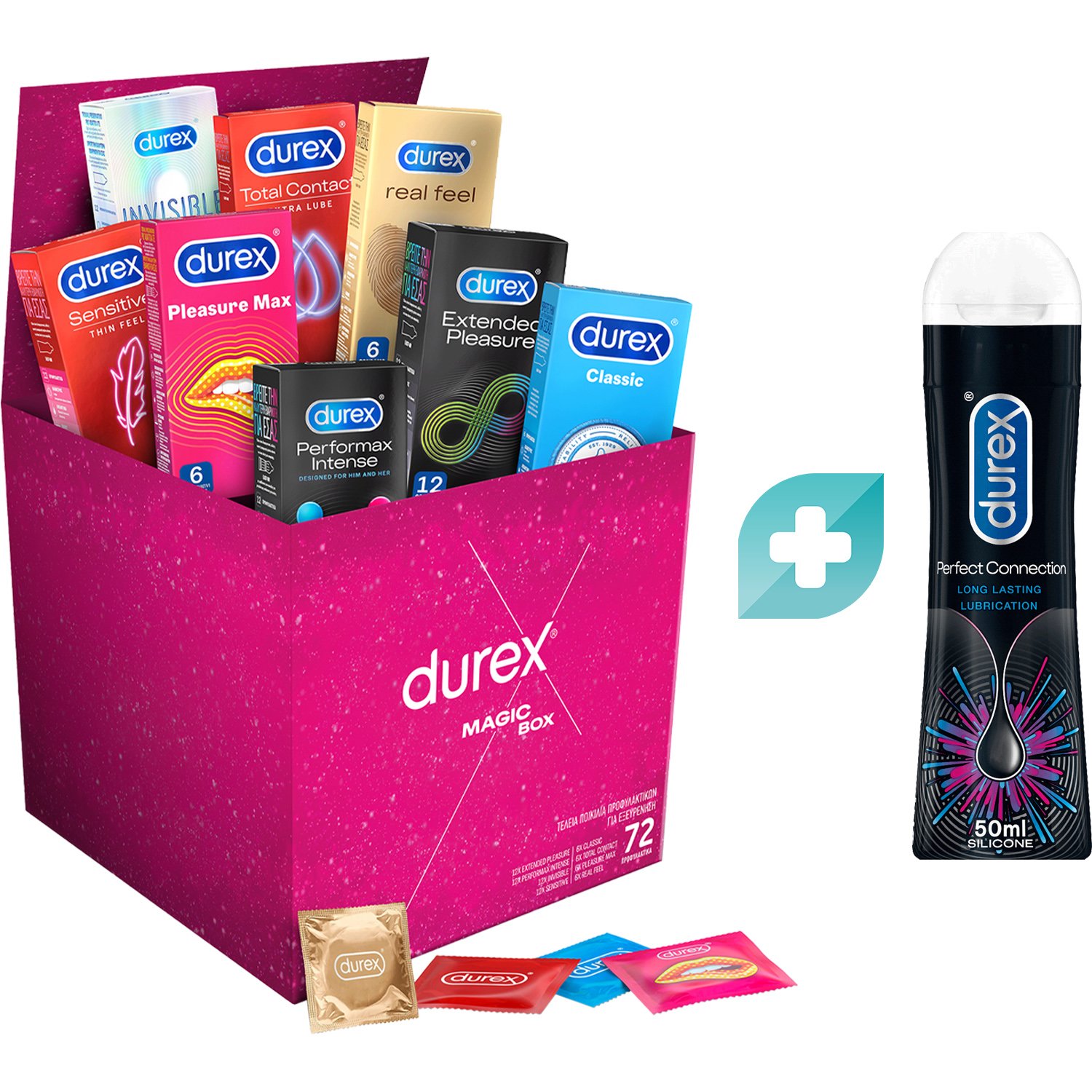 Σετ Durex Magic Box 72 Τεμάχια & Perfect Connection Long Lasting Silicone Lubrication 50ml