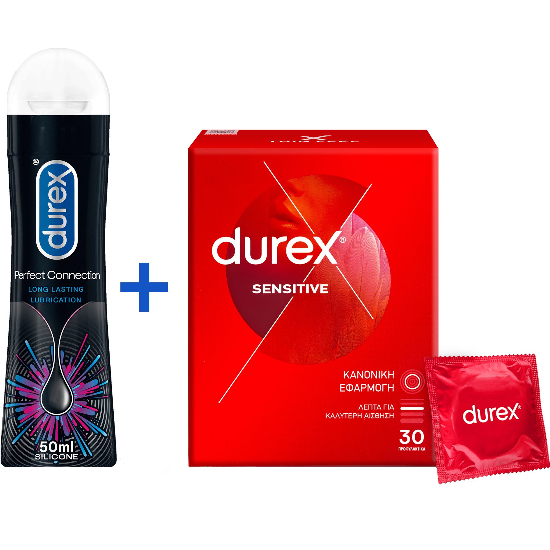 Σετ Durex Perfect Connection Long Lasting Silicone Lubrication 50ml & Sensitive Condoms 30 Τεμάχια