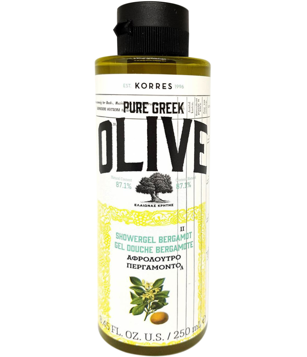 Korres Pure Greek Olive Shower Gel Bergamot Αφρόλουτρο με Τονωτικό Εκχύλισμα Φύλλων Ελιάς & Άρωμα Περγαμόντο 250ml