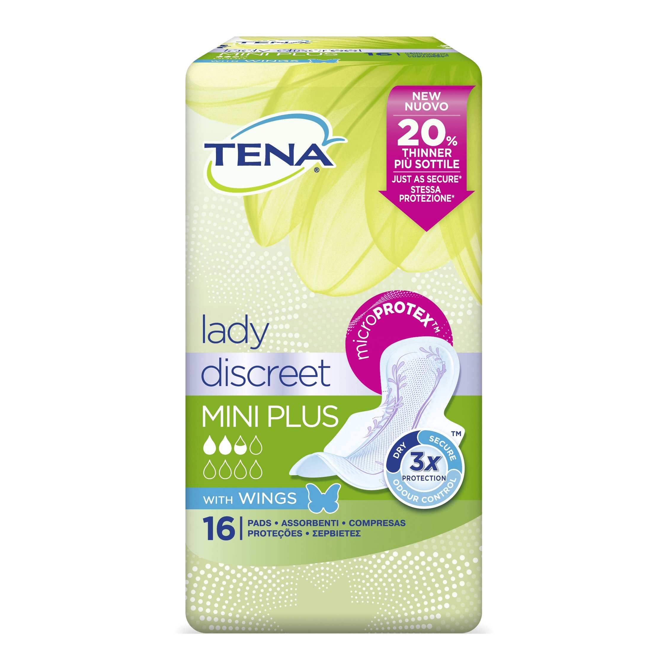 Tena Lady Discreet Mini Plus Wings Σερβιέτες με Φτερά για Ελαφριά Ακράτεια 16τμχ