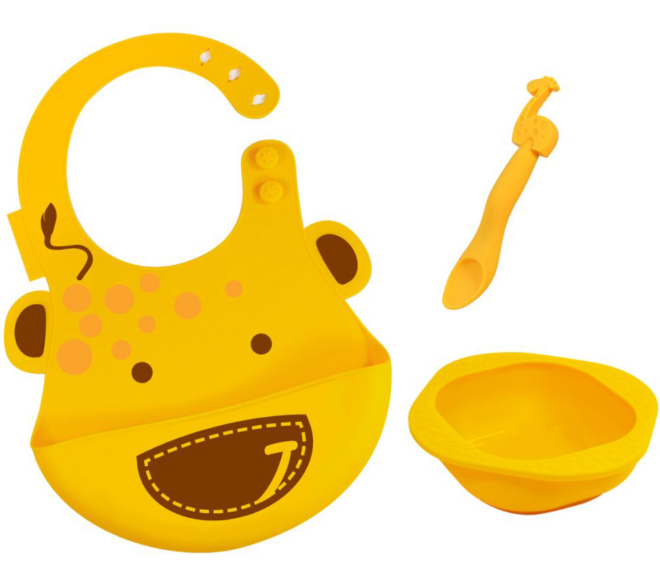 Marcus & Marcus Baby Feeding Set Giraffe Σετ Φαγητού Καμηλοπάρδαλη, με Σαλιάρα, Μπολ & Κουτάλι σε Πορτοκαλί Χρώμα