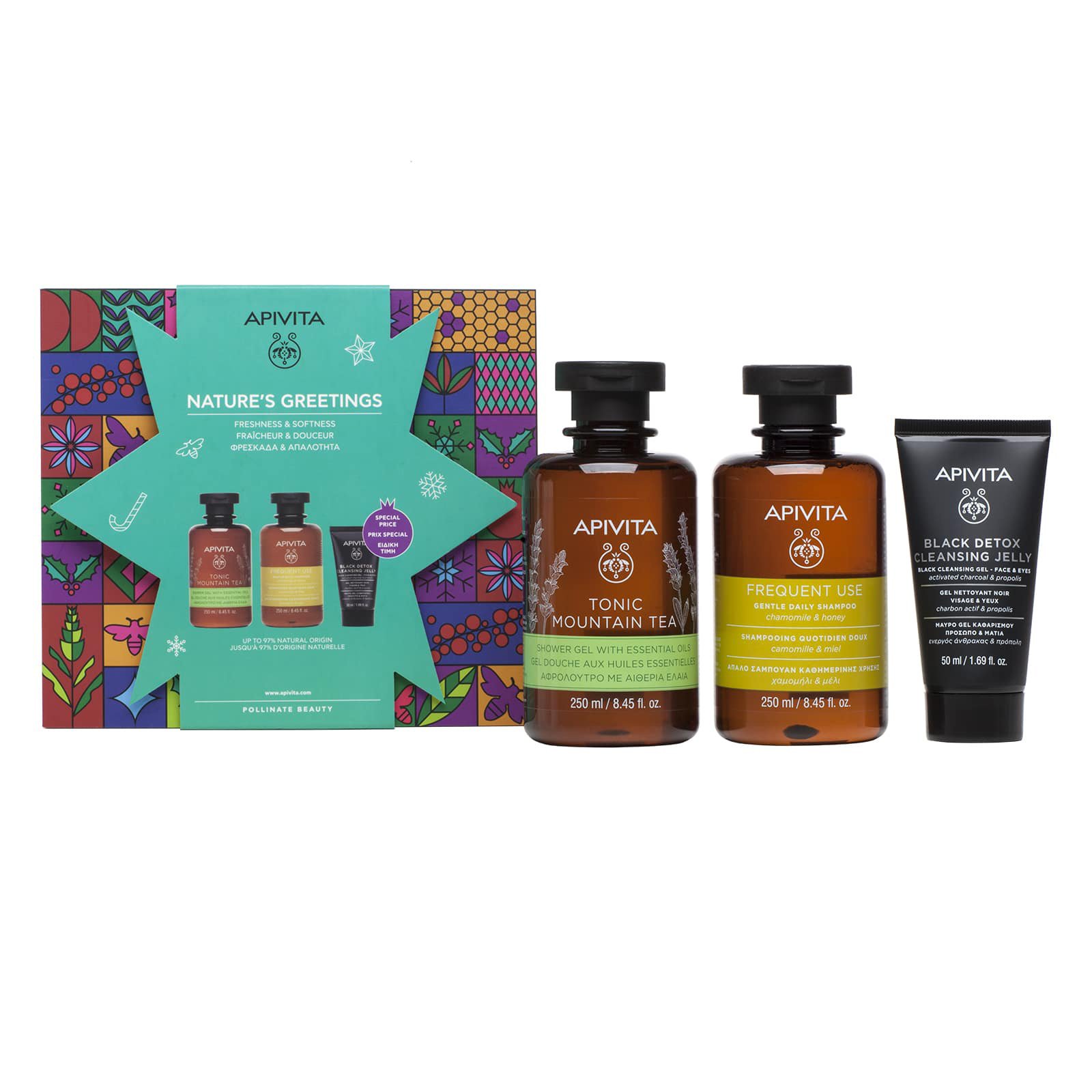 Apivita Nature’s Greetings Tonic Mountain Tea Shower Gel 250ml,Frequent Use Gentle Daily Shampoo 250ml &Black Detox Cleans. 50ml