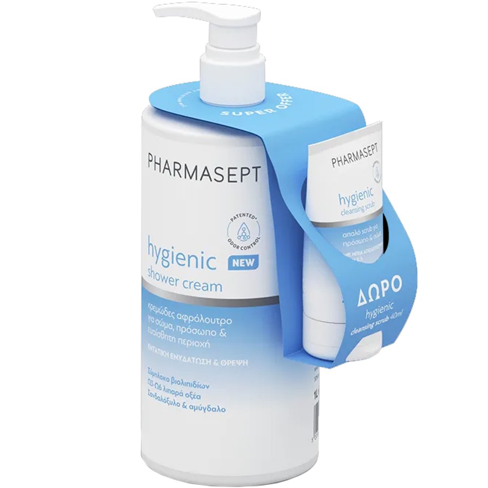 Pharmasept Promo Hygienic Shower Cream 1L & Δώρο Body & Face Cleansing Scrub 40ml Κρεμώδες Αφρόλουτρο Καθημερινής Χρήσης για Σώμα, Πρόσωπο & Ευαίσθητη Περιοχή με Αντλία & Ήπιο & Απαλό Καθαριστικό