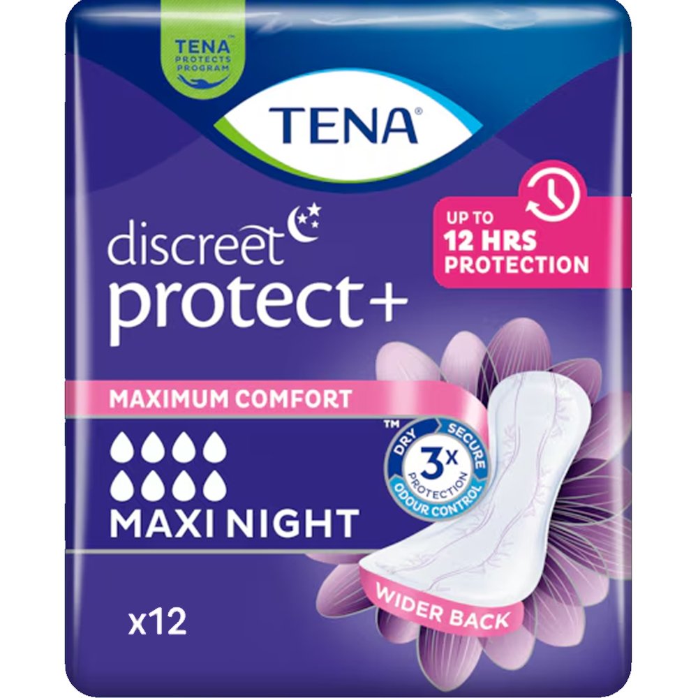 Tena Discreet Protect+ Maxi Night Σερβιέτες Νυκτός για Βαριάς Μορφής Ακράτεια 12 Τεμάχια