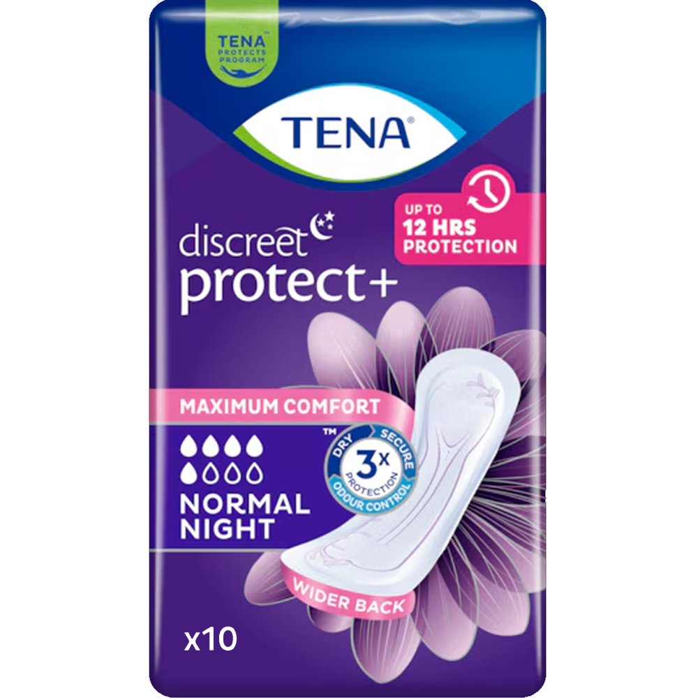 Tena Discreet Protect+ Normal Night Σερβιέτες Νυκτός για Μέτριας Μορφής Ακράτεια 10 Τεμάχια