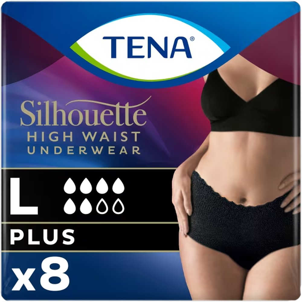 Tena Silhouette Plus Black Underwear Ψηλόμεσο Εσώρουχο για Μέτρια Έως Βαριά Ακράτεια σε Μαύρο Χρώμα, 8 Τεμάχια - Large