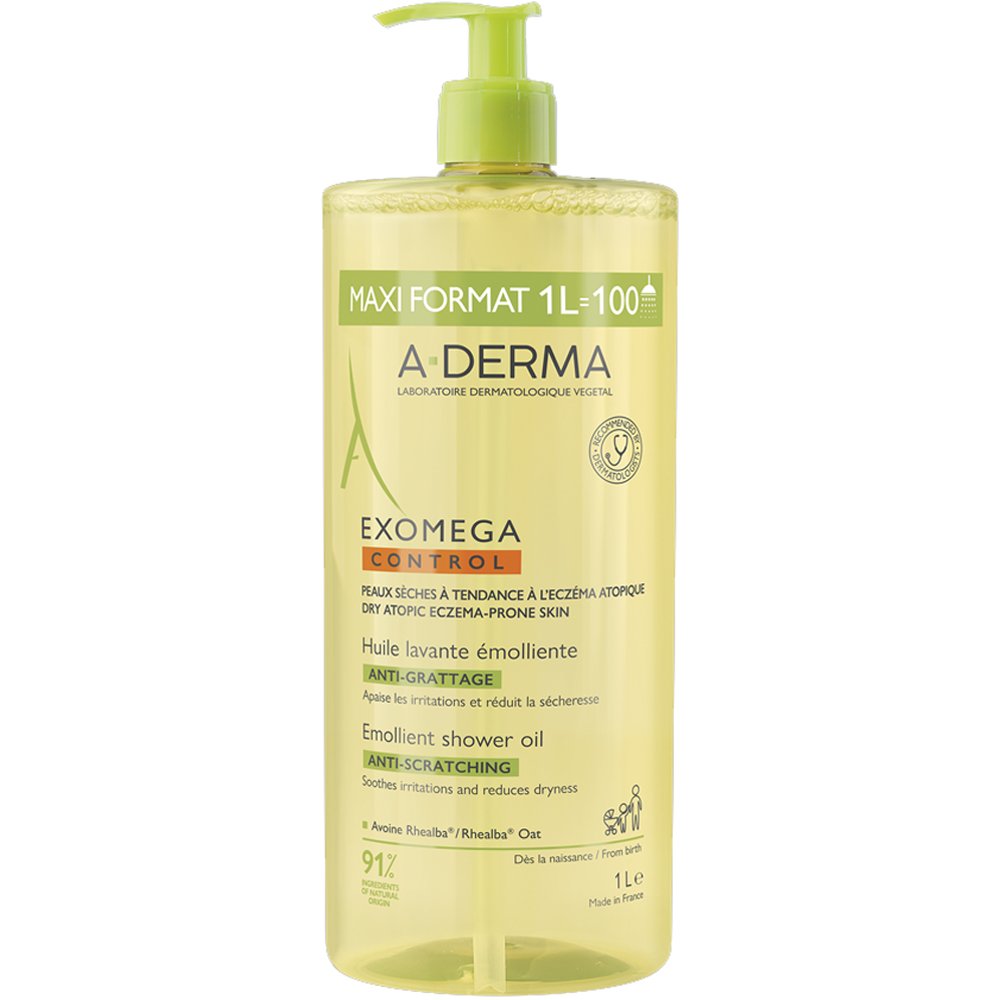 A-Derma Exomega Control Emollient Anti-Scratching Shower Oil Θρεπτικό Μαλακτικό Έλαιο Καθαρισμού Κατά του Αισθήματος Κνησμού για Ξηρό Δέρμα με Τάση Ατοπικού Εκζέματος 1000ml