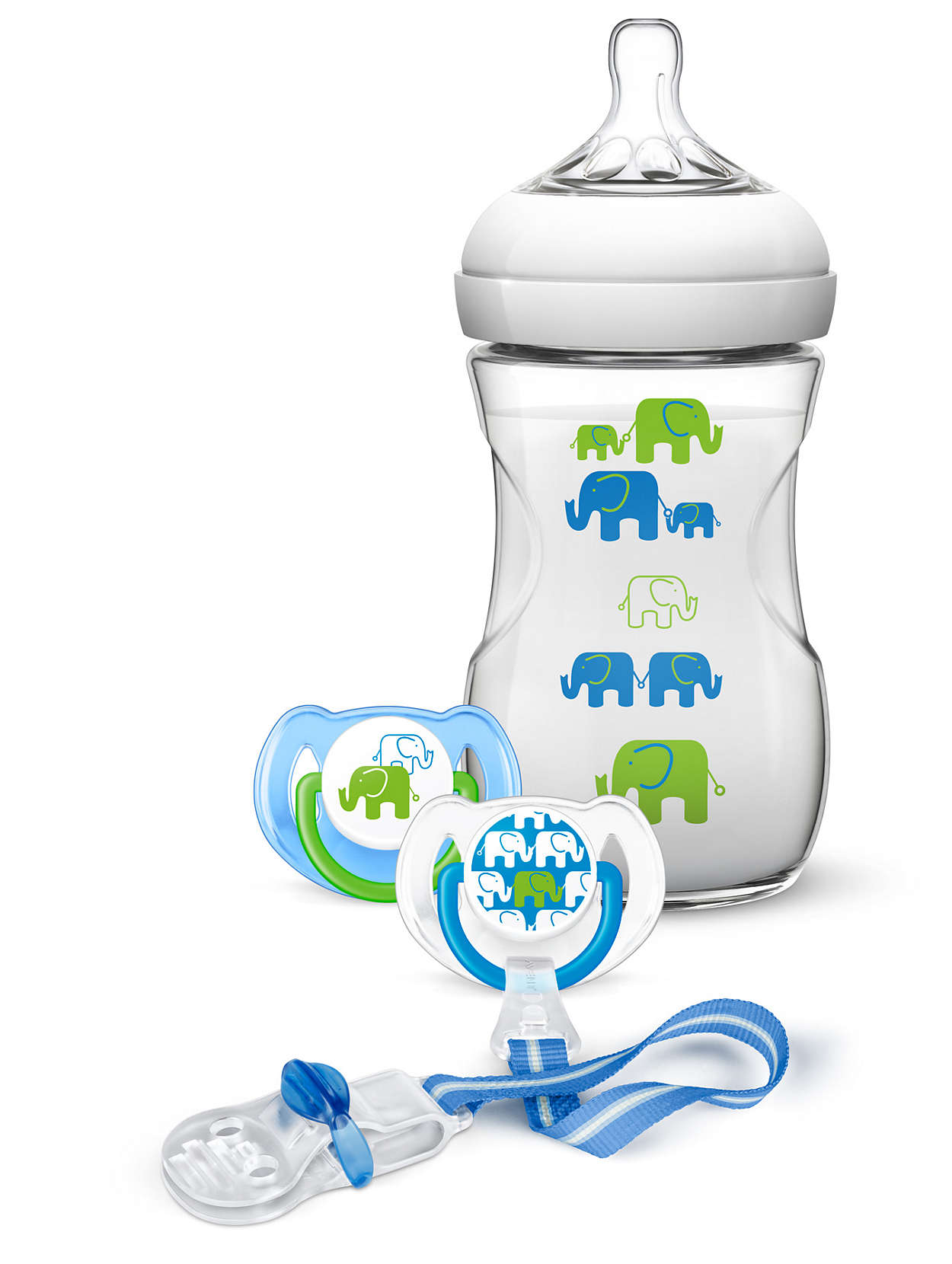 Avent Σετ Δώρου: 1 Natural Μπιμπερό 260ml 2 Πιπίλες 1 Κλιπ Πιπίλας Σχέδιο Γαλάζιο/Πράσινο SCD627/01