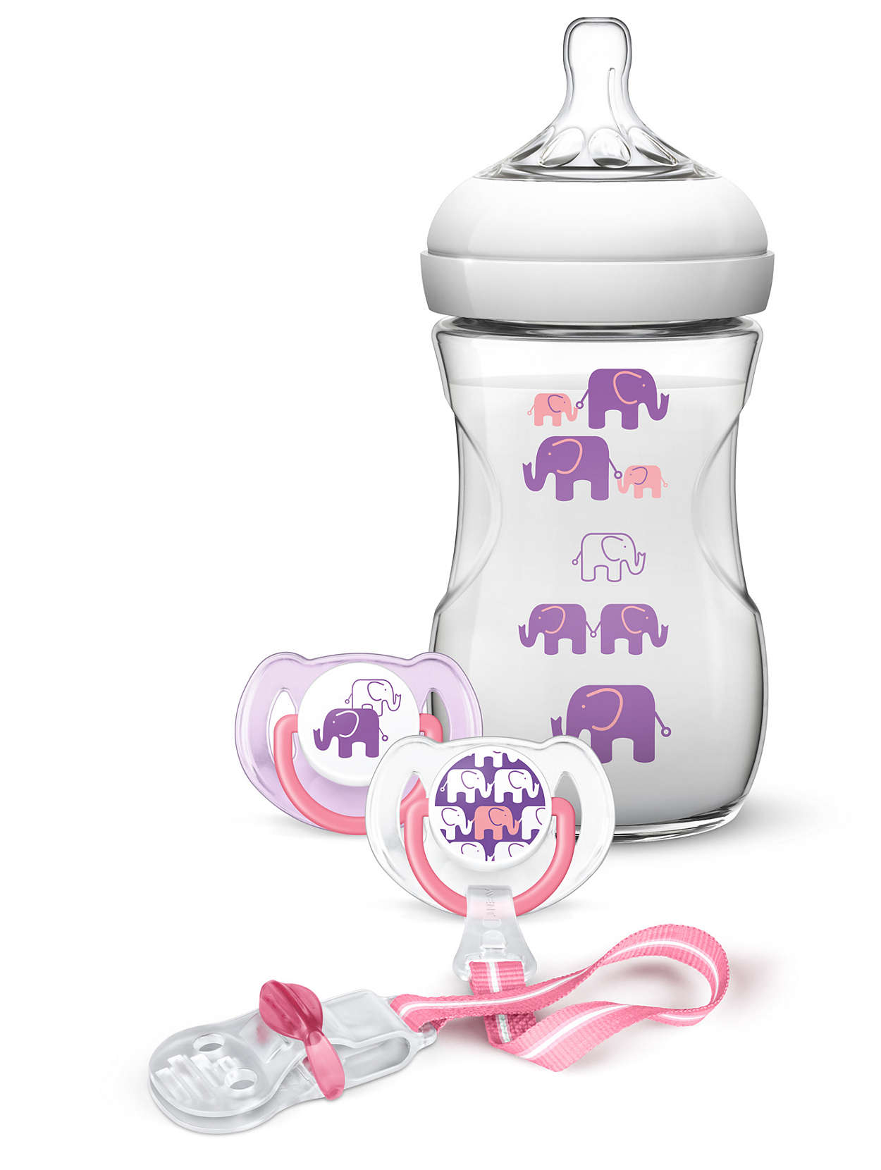 Avent Σετ Δώρου: 1 Natural Μπιμπερό 260ml, 2 Πιπίλες, 1 Κλιπ Πιπίλας – Σχέδιο ροζ/μωβ SCD628/01