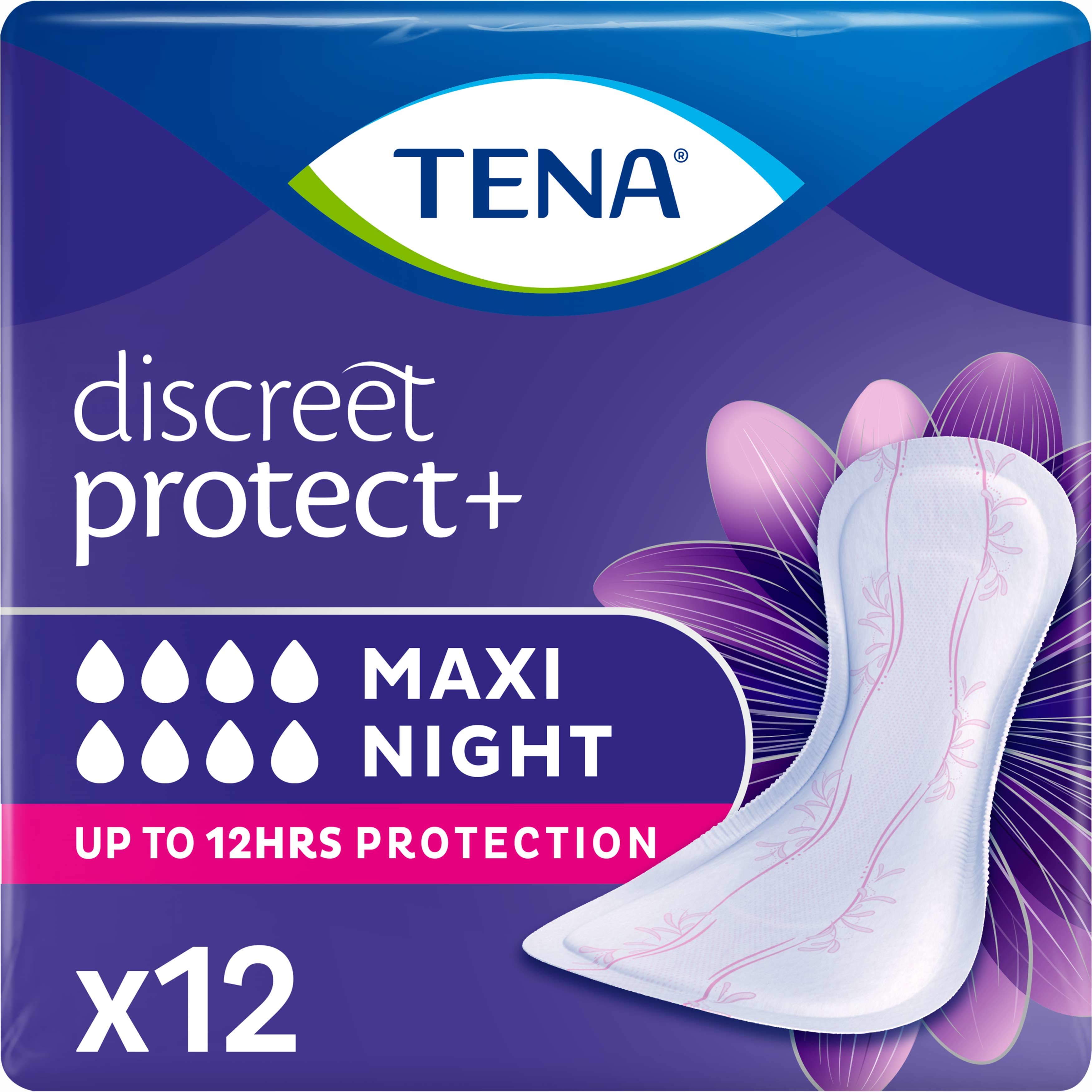 Tena Tena Discreet Protect+ Maxi Night Σερβιέτες Νυκτός για Βαριάς Μορφής Ακράτεια 12 Τεμάχια