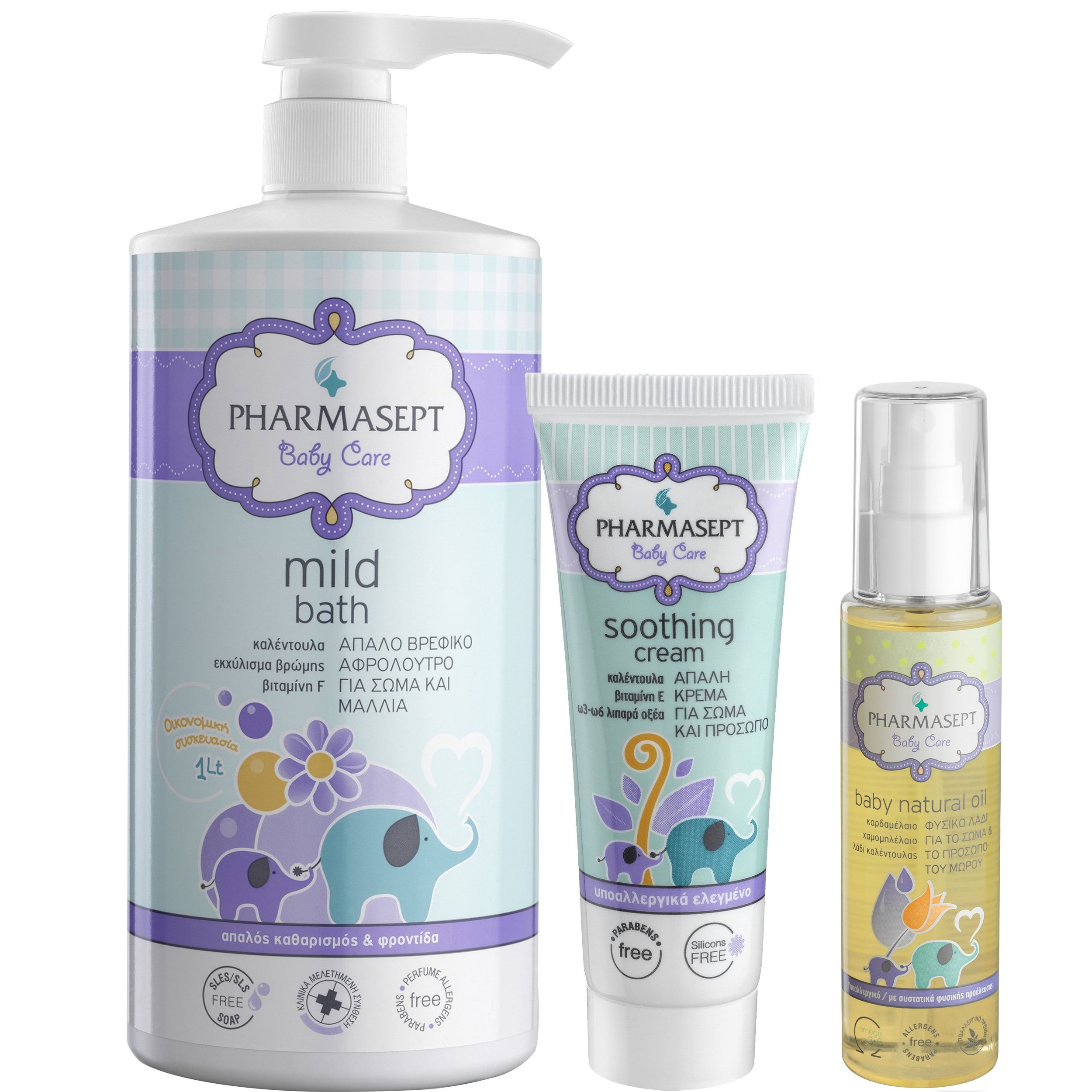 Pharmasept Πακέτο Προσφοράς Baby Care Mild Bath 1Lt & Tol Velvet Baby Soothing Cream 150ml & Baby Natural Oil 100ml