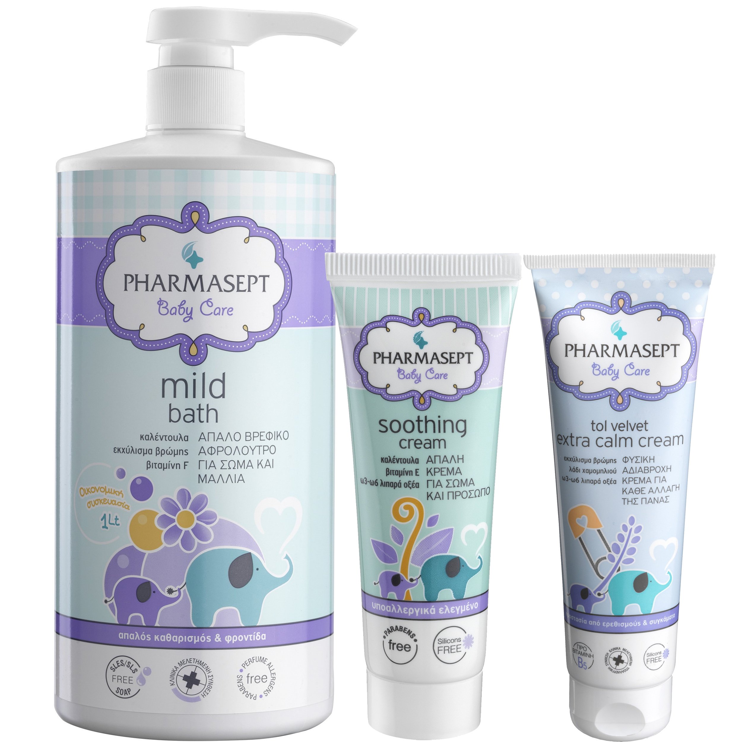Pharmasept Πακέτο Προσφοράς Baby Care Mild Bath 1Lt & Tol Velvet Baby Soothing Cream 150ml & Baby Extra Calm Cream 150ml