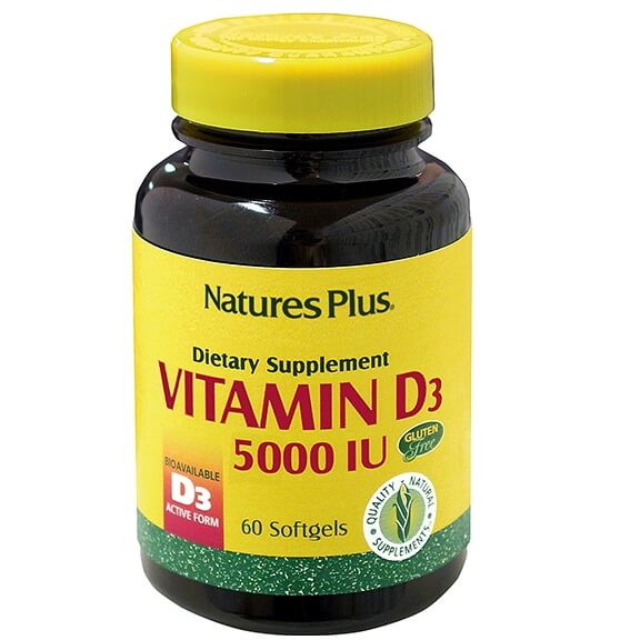 Natures Plus Vitamin D3 5000iu Συμπλήρωμα Διατροφής για Καλή Λειτουργία του Νευρικού Συστήματος, Υγιή Οστά & Δόντια 60caps