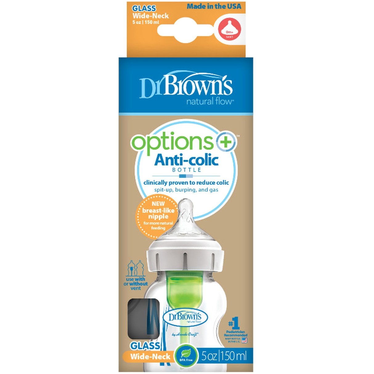 Dr. Brown’s Natural Flow Options+ Γυάλινο Μπιμπερό Με Φαρδύ Λαιμό 150ml