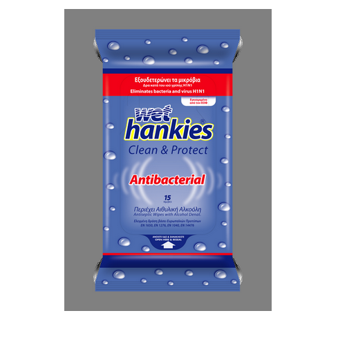 Wet Hankies Antibacterial Αλκοολούχα Αντιβακτηριδιακά Μαντήλια 15 τεμ.