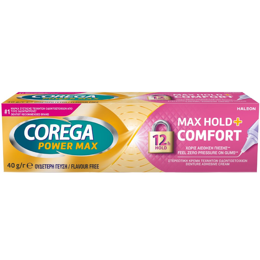 Corega Corega Power Max 12h Hold & Comfort Στερεωτική Κρέμα για Οδοντοστοιχίες που Προσφέρει Άνεση με Ισχυρή Συγκράτηση Μέχρι & 12 Ώρες 40gr
