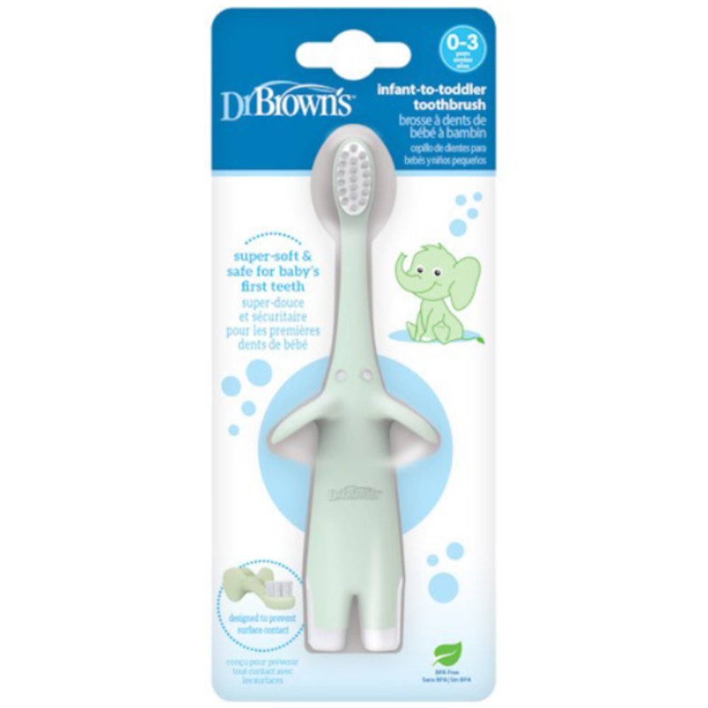 Dr Brown's Infant To Toddler 0-3 Years Toothbrush Βρεφική Οδοντόβουρτσα με Μαλακές Σιλικονούχες Τρίχες για τα Πρώτα δοντάκια & τα Ούλα του Μωρού 1 Τεμάχιο - Μέντα Ελεφαντάκι